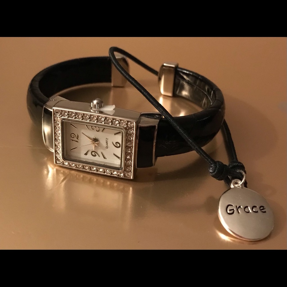 Avon Black/Silver Cuff Watch Bracelet Set NIB
